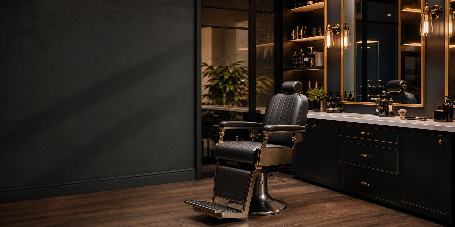 Premium private men's salon suite with a black barber chair and warm brass lighting.